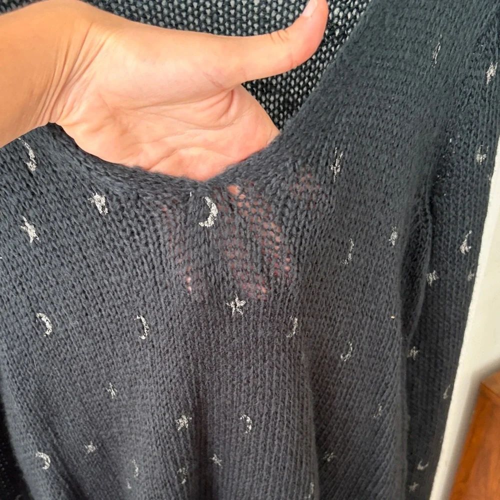 Wooden Ships Stars and Moon Lightweight Knit Wool Sweater Navy Blue S/M - Picture 7 of 9